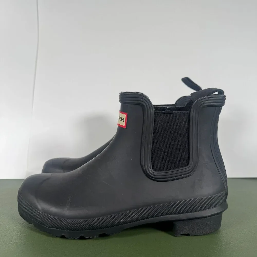 Hunter Black Ankle Rain Boots Rubber Waterproof Pull On Logo Women's Size 8